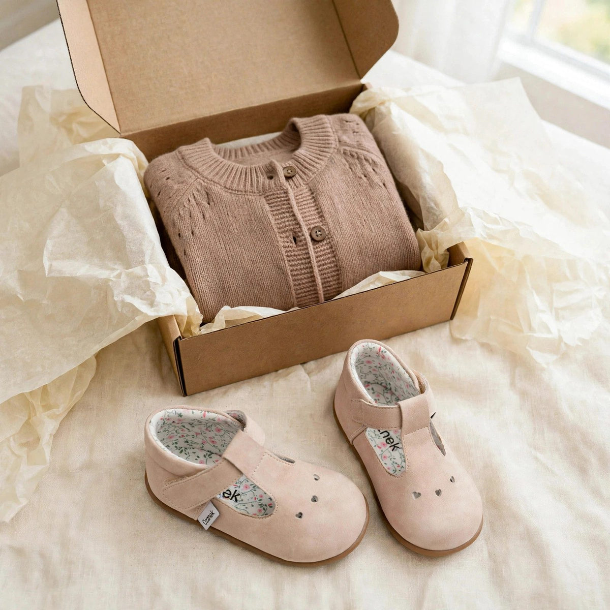 Toddler girl outfit gift set with tan organic cotton cardigan and blush barefoot Mary Jane shoes with heart cutouts in a gift box, Christmas outfit gift for toddler girls