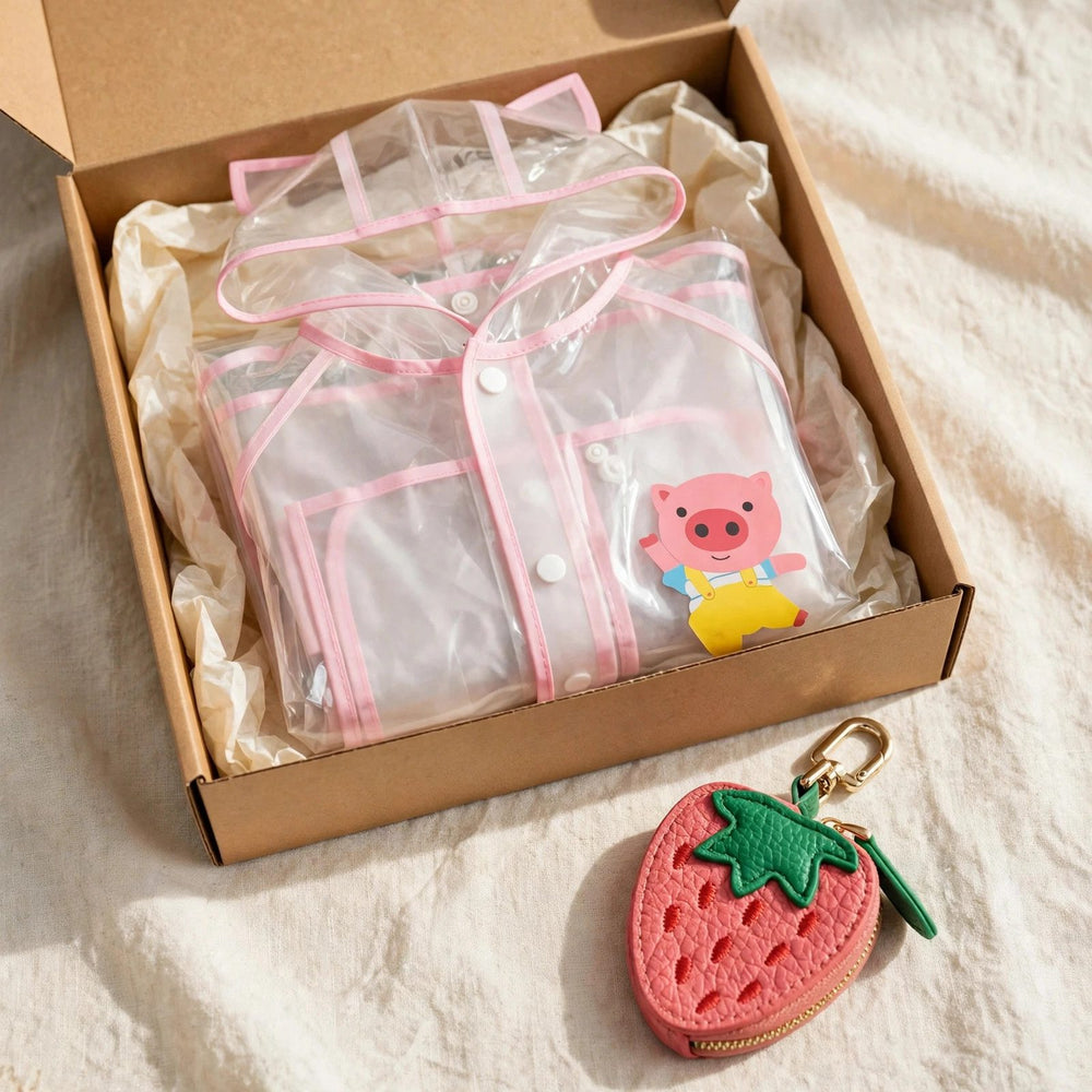 Kids gift set with clear pink raincoat with pig print and strawberry leather fruit bag charm in a gift box, toddler rain gear Christmas gift