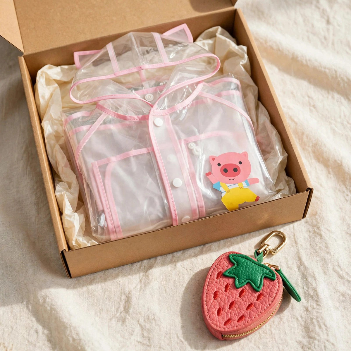 Kids gift set with clear pink raincoat with pig print and strawberry leather fruit bag charm in a gift box, toddler rain gear Christmas gift