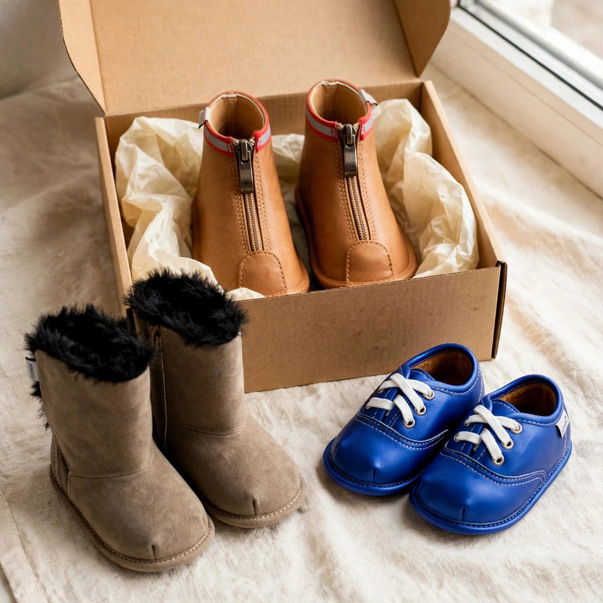 Toddler Christmas gift set with brown zipper barefoot boots and two extra shoe toppers in faux fur and blue velvet, three looks in one gift box