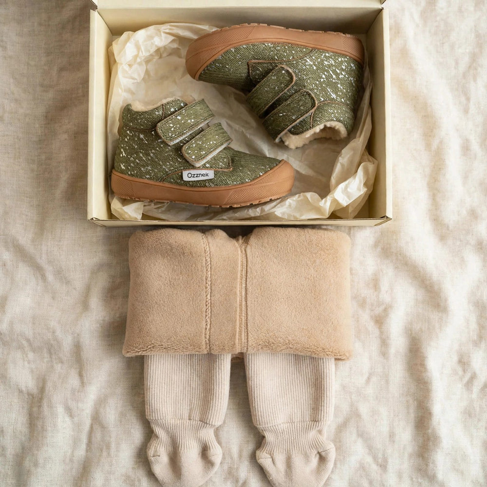Little Hiker and fleece leggings gift set for toddlers - forest green barefoot winter boots and cozy footed leggings in a gift box
