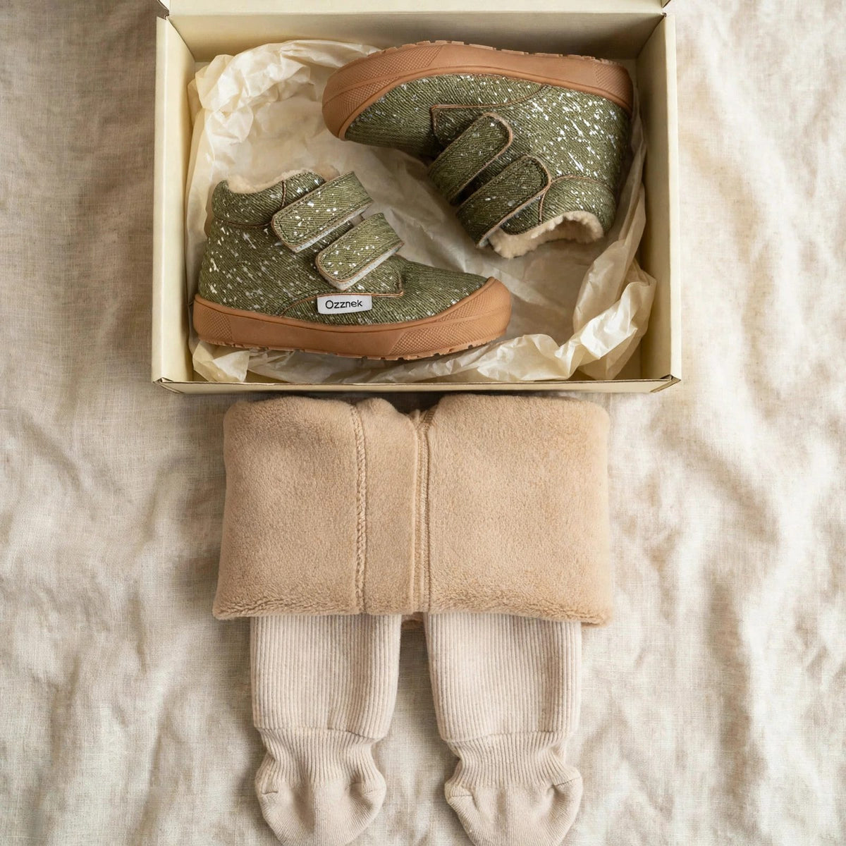 Little Hiker and fleece leggings gift set for toddlers - forest green barefoot winter boots and cozy footed leggings in a gift box