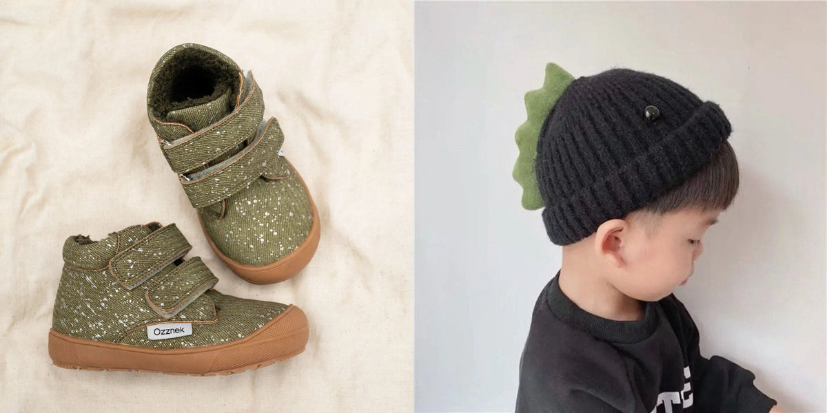 Little Hiker toddler boots with dinosaur beanie hat gift set