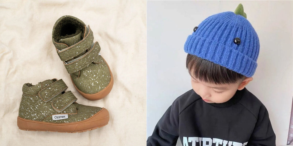 Little Hiker toddler boots with dinosaur beanie hat gift set