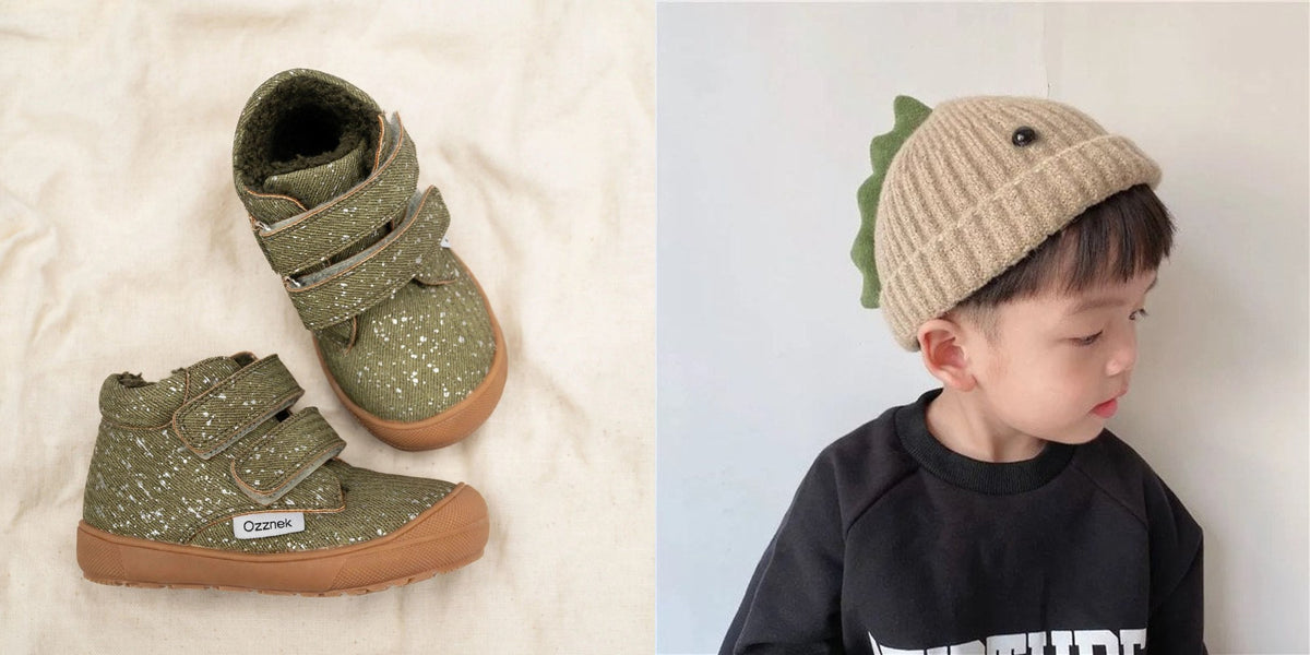 Little Hiker toddler boots with dinosaur beanie hat gift set
