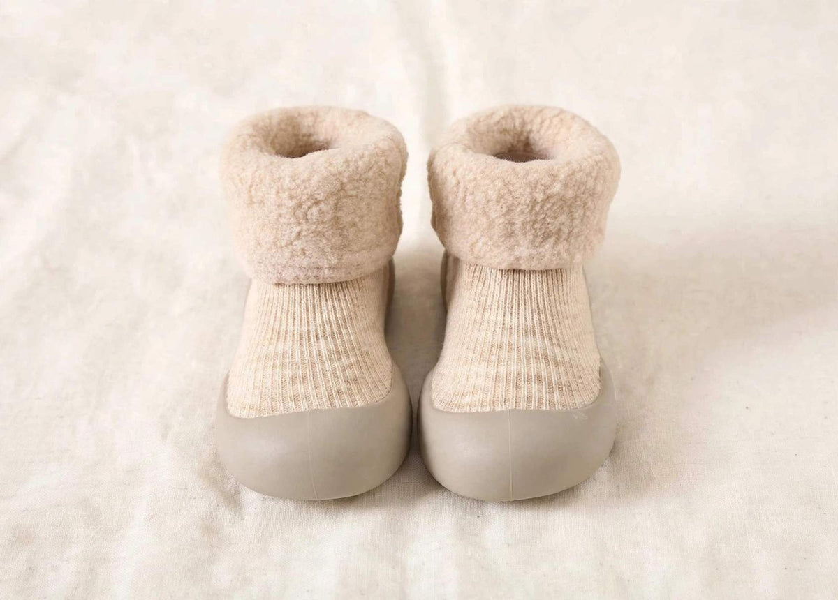 Toddler Sock Shoes with Rubber Soles | Fleece Winter Barefoot Shoes on cream linen background — view 4