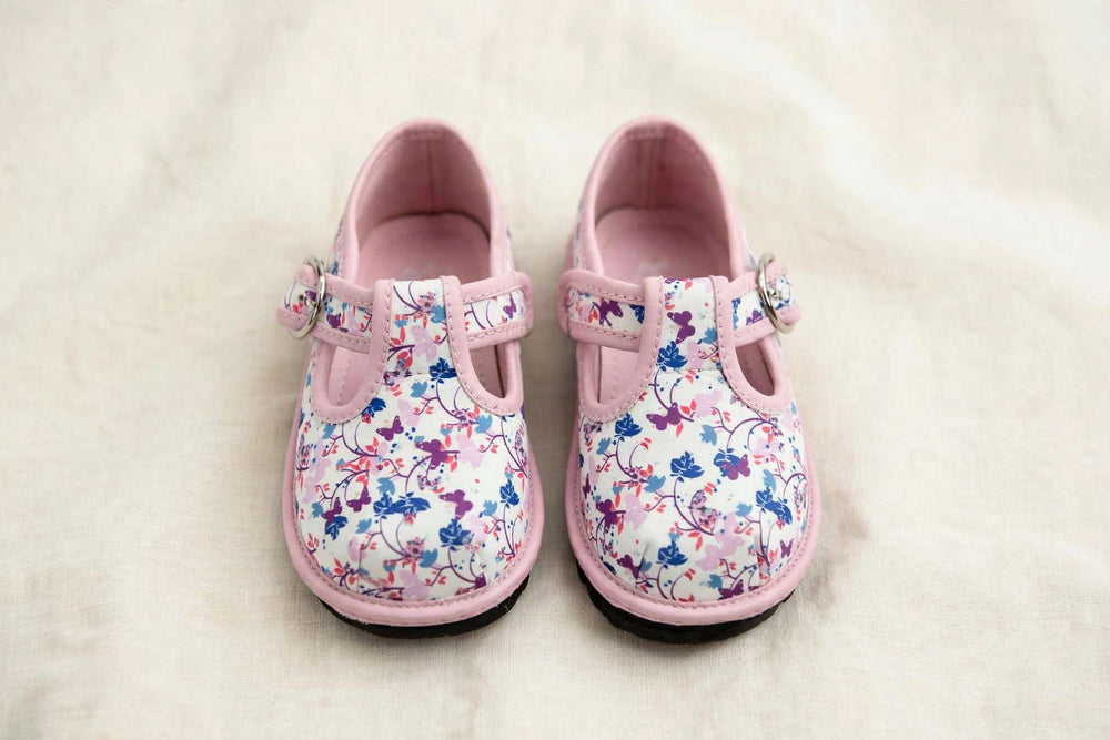 Kids Floral Mary Janes – Breathable Flower Pattern Toddler Dress Shoes on cream linen background