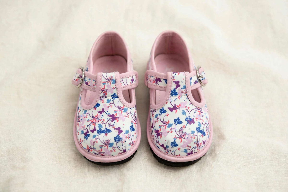 Kids Floral Mary Janes – Breathable Flower Pattern Toddler Dress Shoes on cream linen background