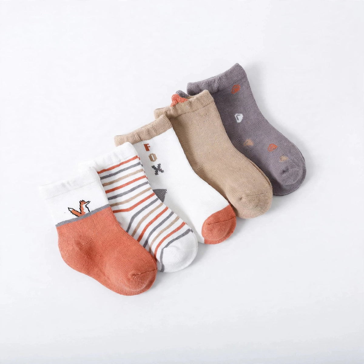 Organic Cotton Fox Socks for Toddlers | 5-Pack Kid - front view, white studio photo