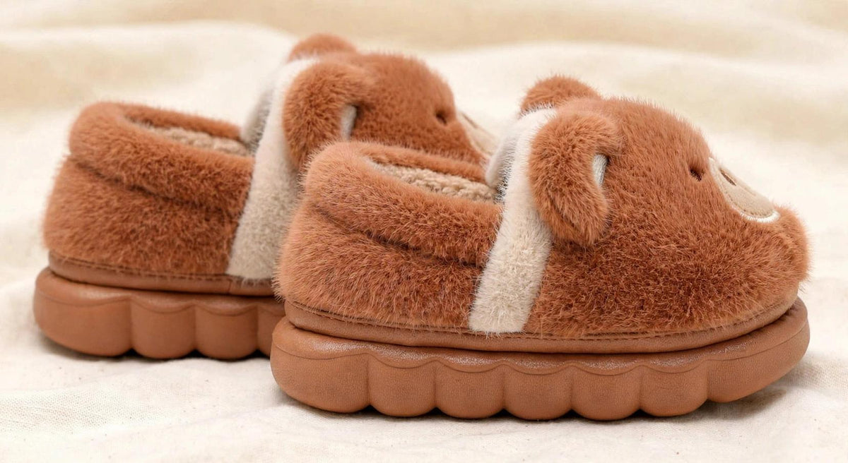 Kids’ Fuzzy Slippers | Bear & Bunny Animal House Shoes — side view