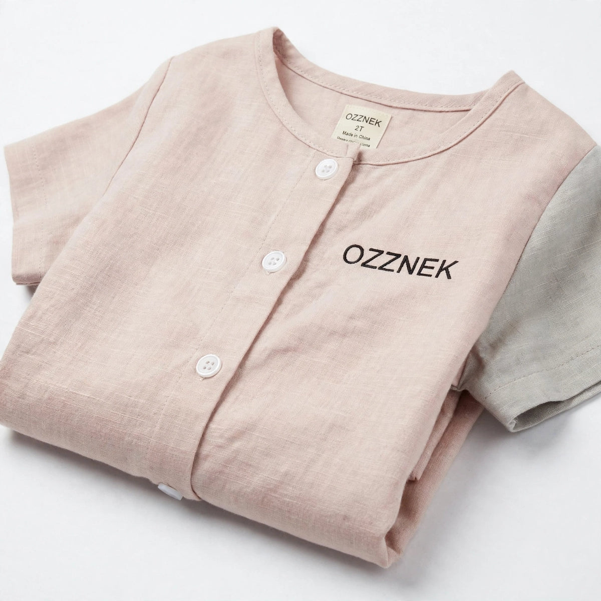Toddler Organic Cotton Linen Button-Up Shirt - side view, white studio photo