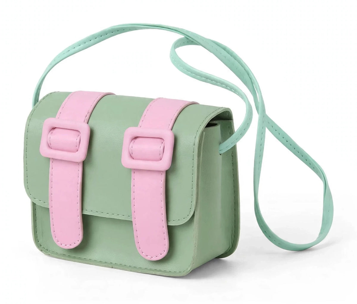 Mini satchel bag angled view, mint and pink - white studio photo