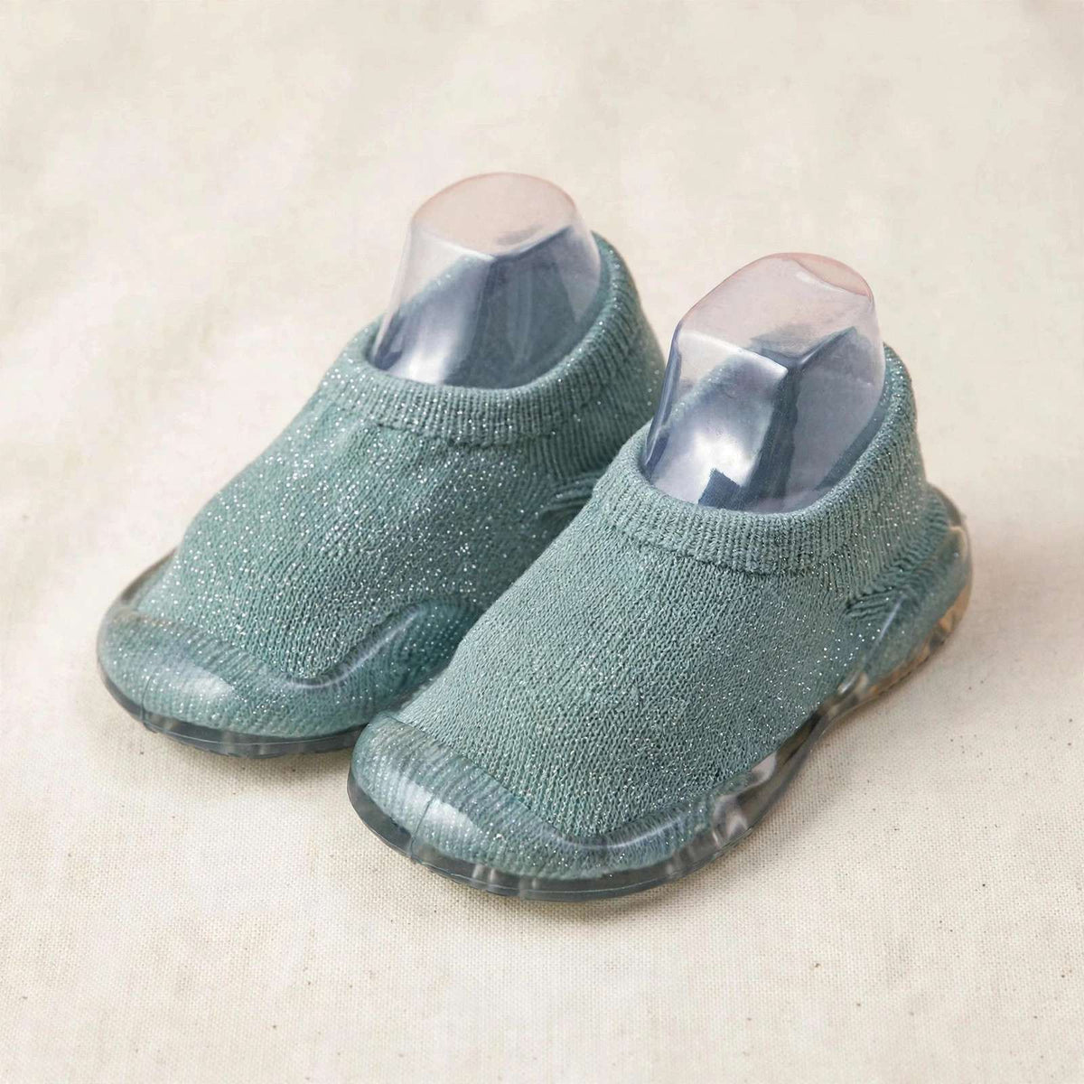 Organic Cotton Barefoot Sock Shoes for Babies & Toddlers – Clear Sole on cream linen background — alternate view