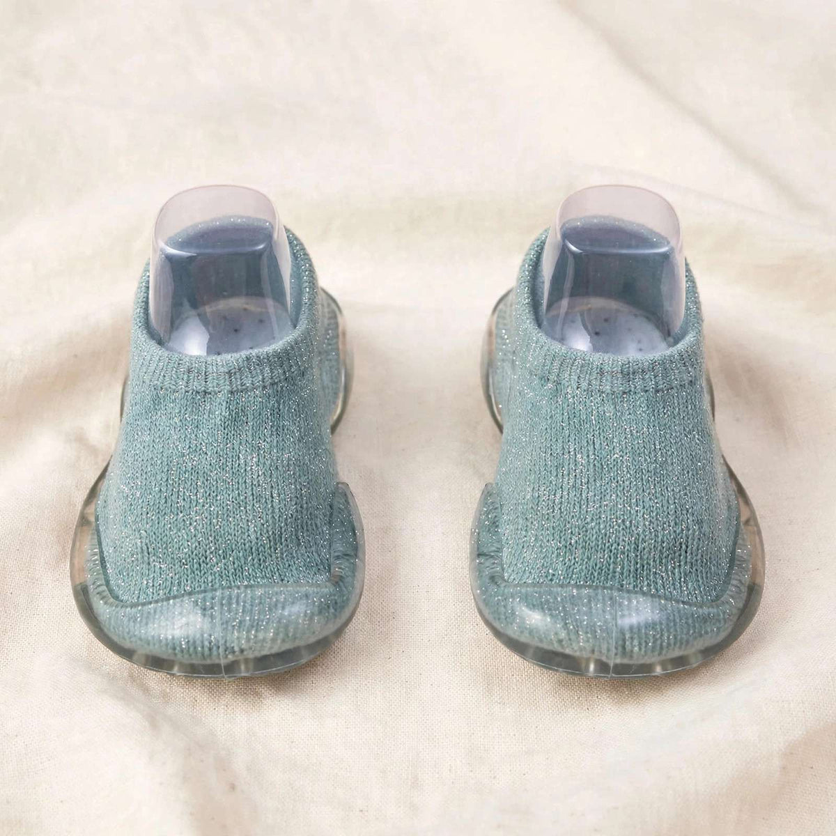 Organic Cotton Barefoot Sock Shoes for Babies & Toddlers – Clear Sole on cream linen background