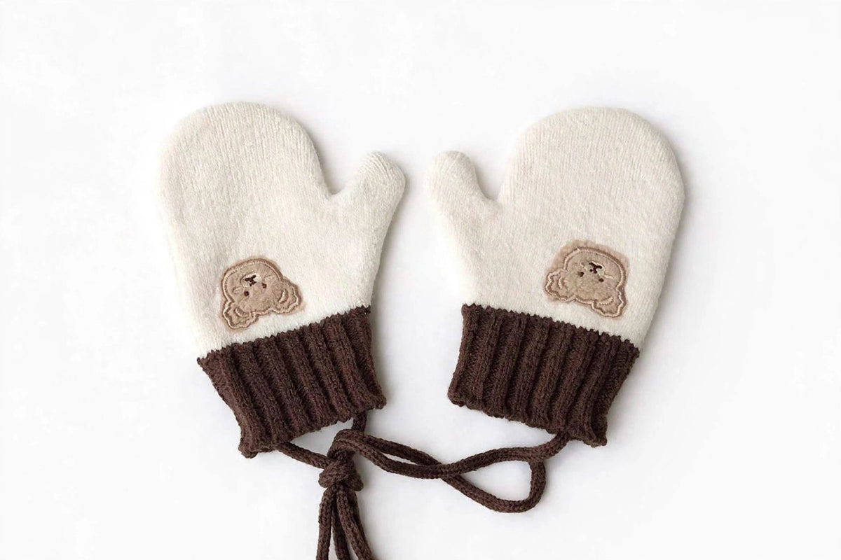 Kids winter mittens with bear embroidery - clean white studio product photo