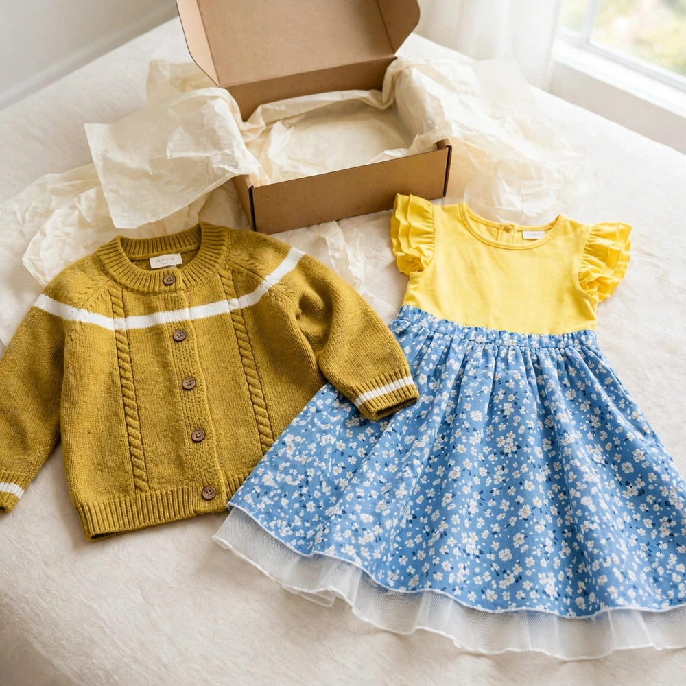 Merino wool cardigan and dress gift set for girls - mustard knitted cardigan with wooden buttons and yellow and blue floral dress, ready-to-give outfit gift