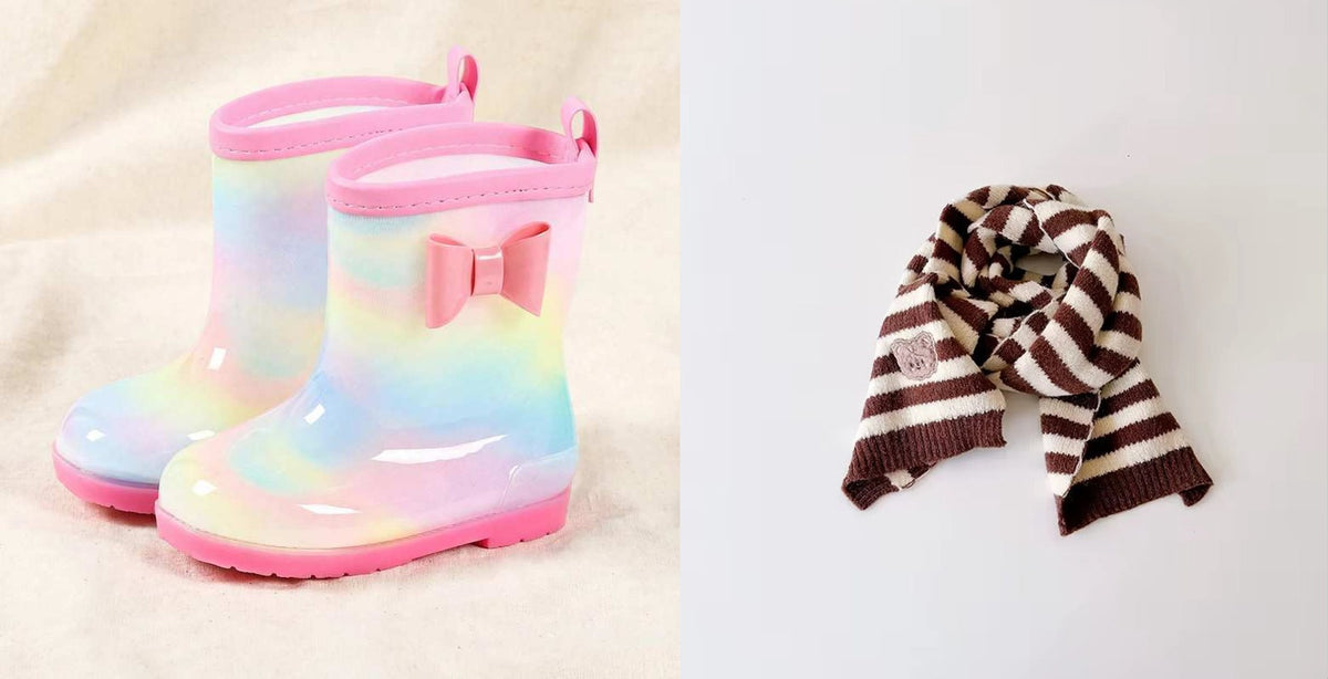 Rainy day gift set - Multi Color rain boots with the brown and beige stripe scarf