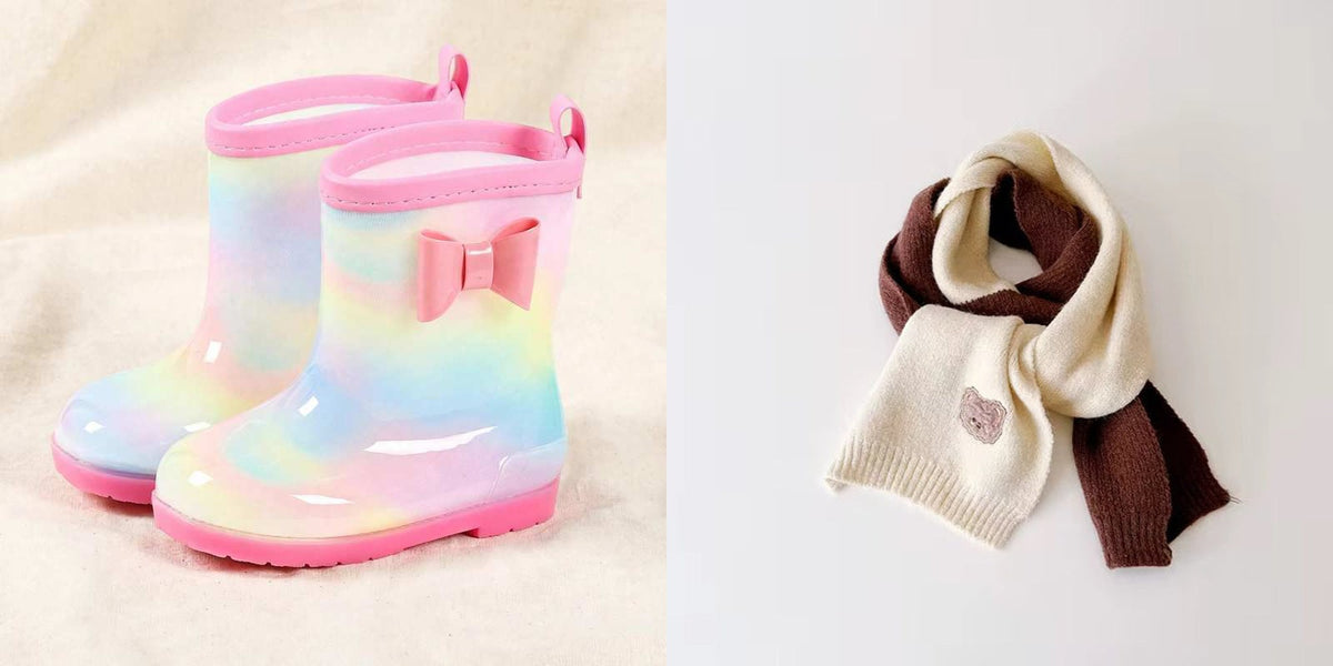 Rainy day gift set - Multi Color rain boots with the coffee and cream scarf
