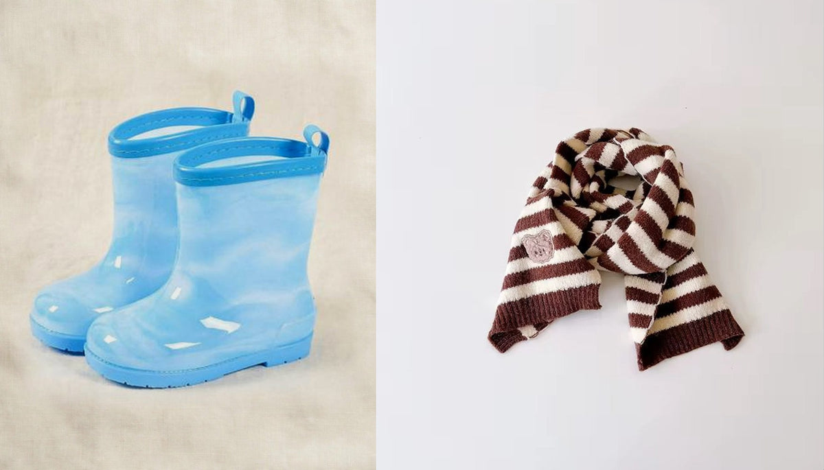 Rainy day gift set - Sky Blue rain boots with the brown and beige stripe scarf