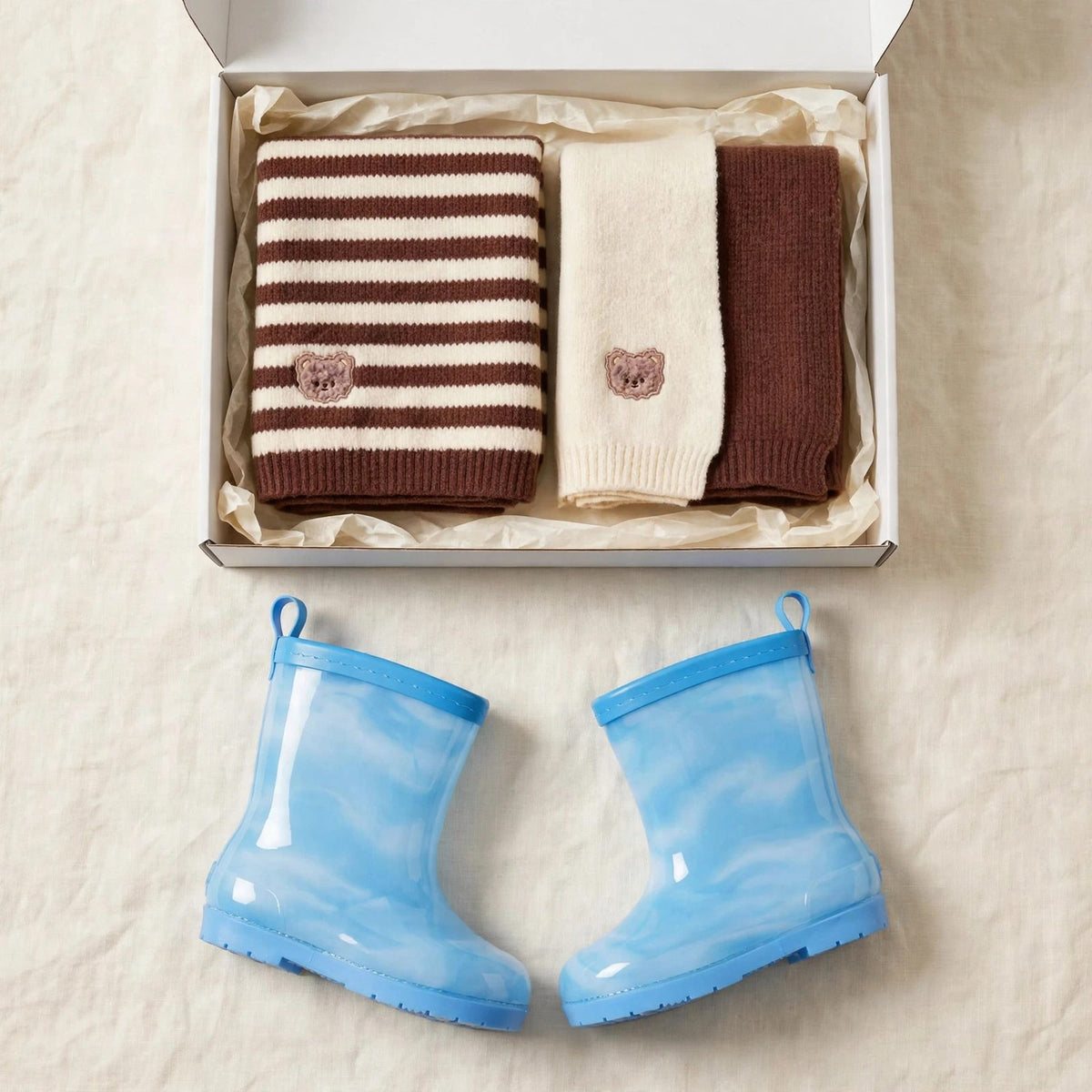 Rainy day gift set for toddlers - sky blue rain boots and no-itch striped scarf in two designs, ready-to-give kids gift set