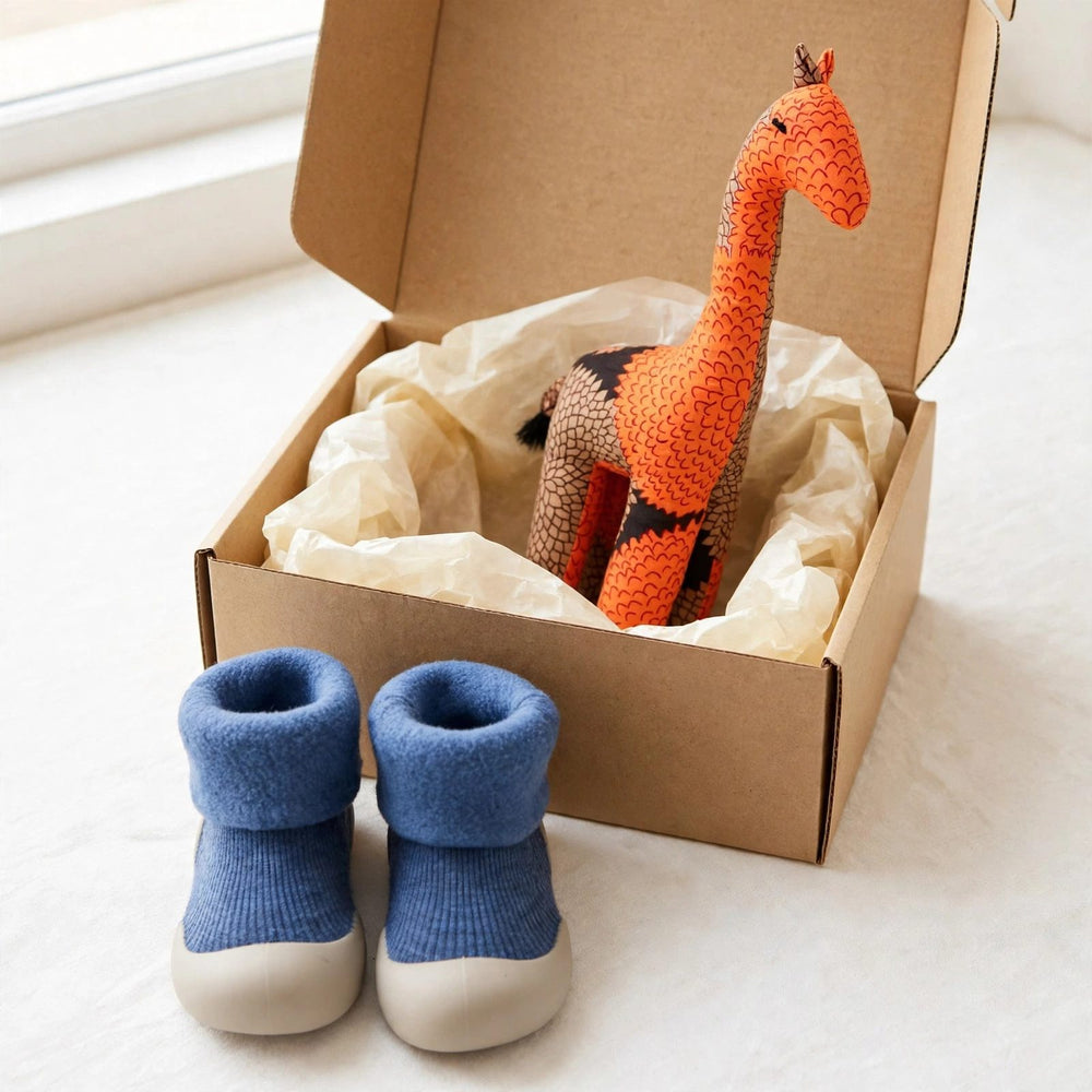 Sock shoes and safari friend gift set for toddlers - blue fleece sock shoes and handmade giraffe plush toy in a gift box, ready-to-give kids gift
