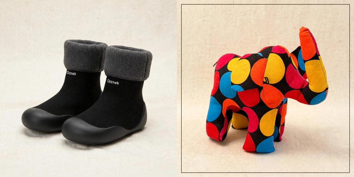 Sock shoes and safari friend gift set - Black sock shoes with the Elephant plush