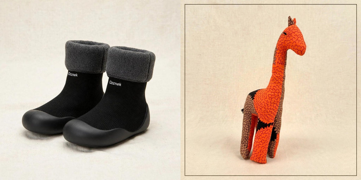 Sock shoes and safari friend gift set - Black sock shoes with the Giraffe plush