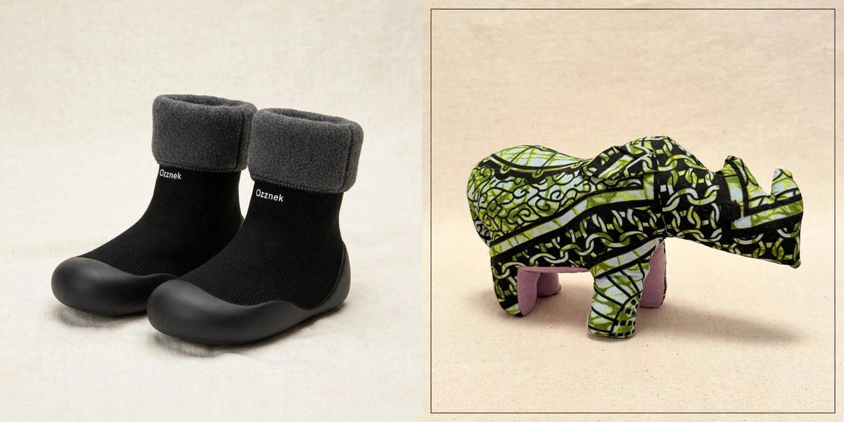 Sock shoes and safari friend gift set - Black sock shoes with the Rhino plush