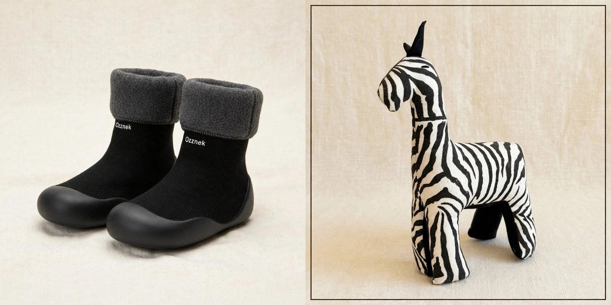 Sock shoes and safari friend gift set - Black sock shoes with the Zebra plush