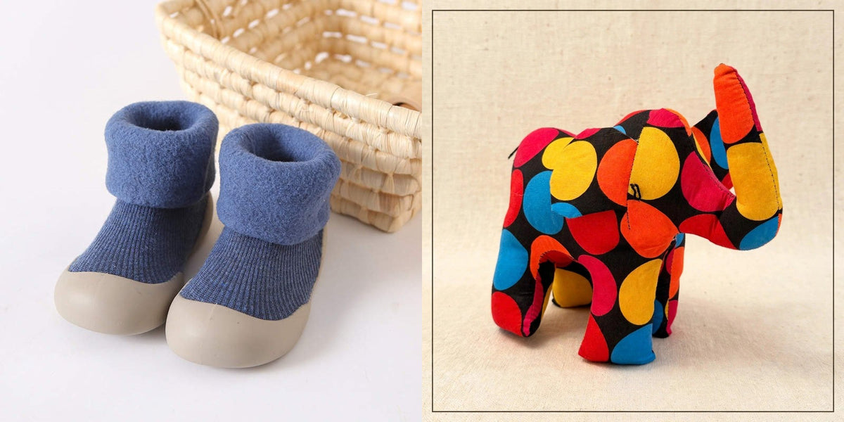 Sock shoes and safari friend gift set - Blue sock shoes with the Elephant plush