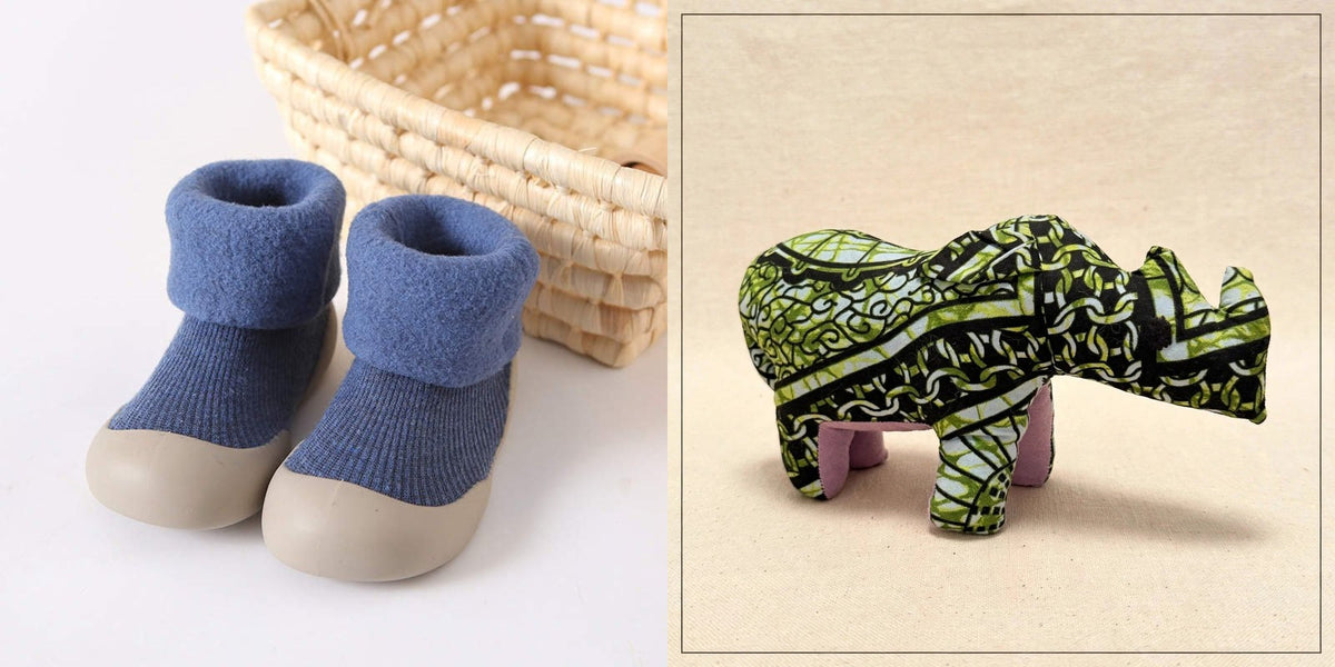 Sock shoes and safari friend gift set - Blue sock shoes with the Rhino plush