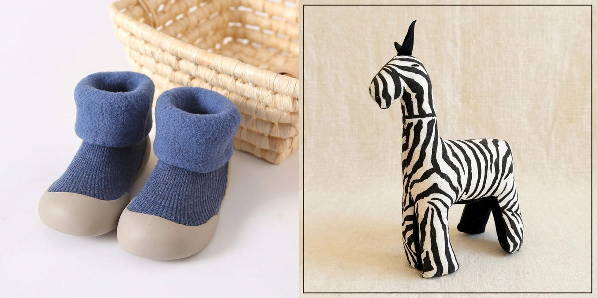 Sock shoes and safari friend gift set - Blue sock shoes with the Zebra plush