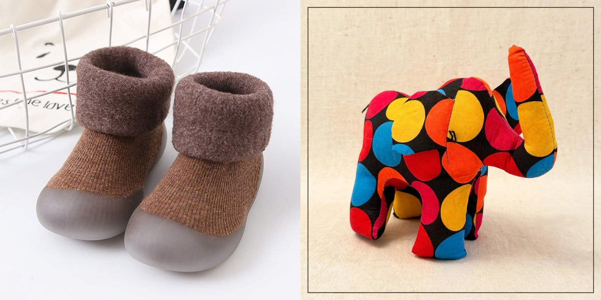 Sock shoes and safari friend gift set - Brown Bear sock shoes with the Elephant plush