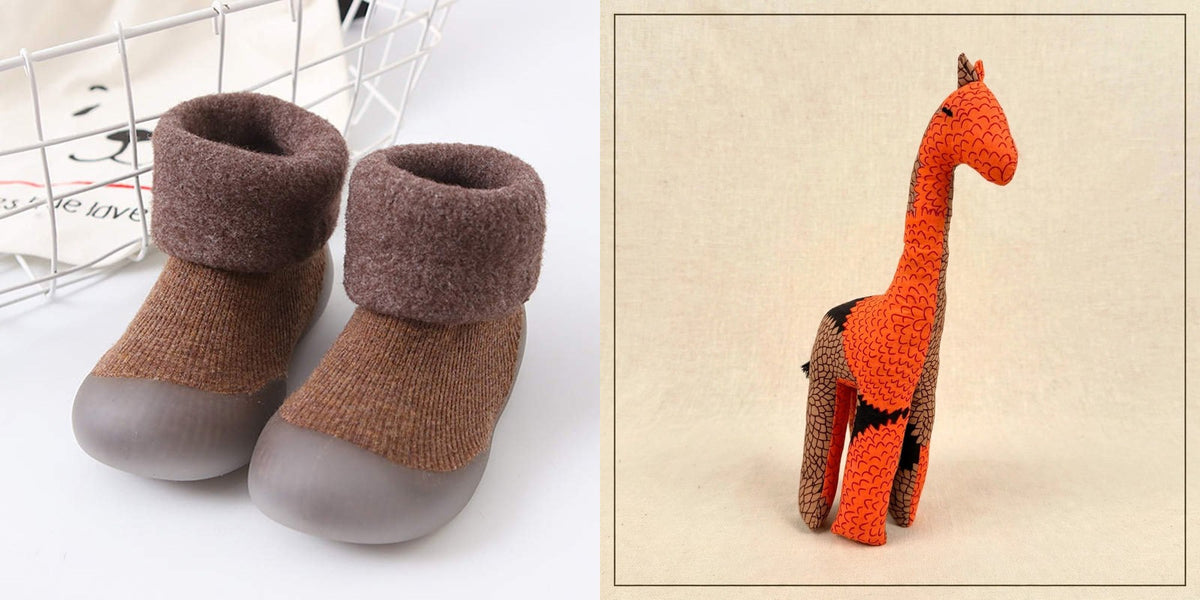 Sock shoes and safari friend gift set - Brown Bear sock shoes with the Giraffe plush
