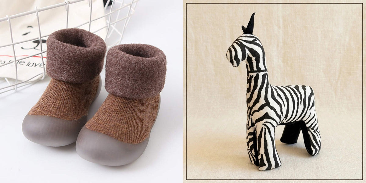 Sock shoes and safari friend gift set - Brown Bear sock shoes with the Zebra plush