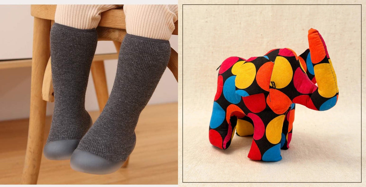 Sock shoes and safari friend gift set - Gray sock shoes with the Elephant plush