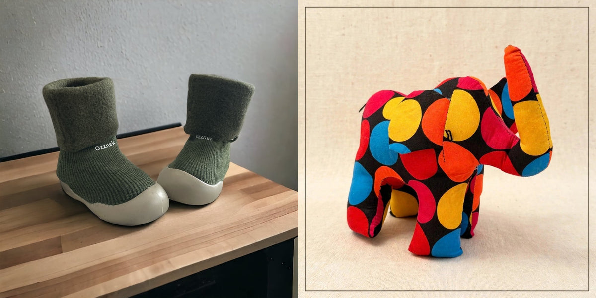 Sock shoes and safari friend gift set - Green sock shoes with the Elephant plush