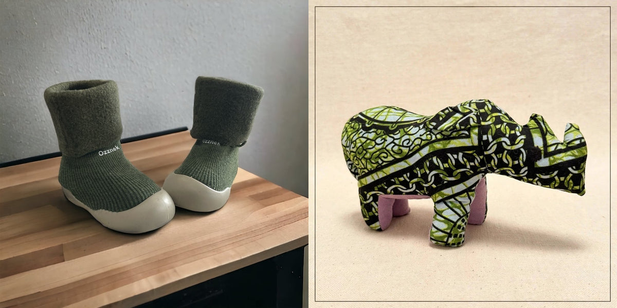 Sock shoes and safari friend gift set - Green sock shoes with the Rhino plush