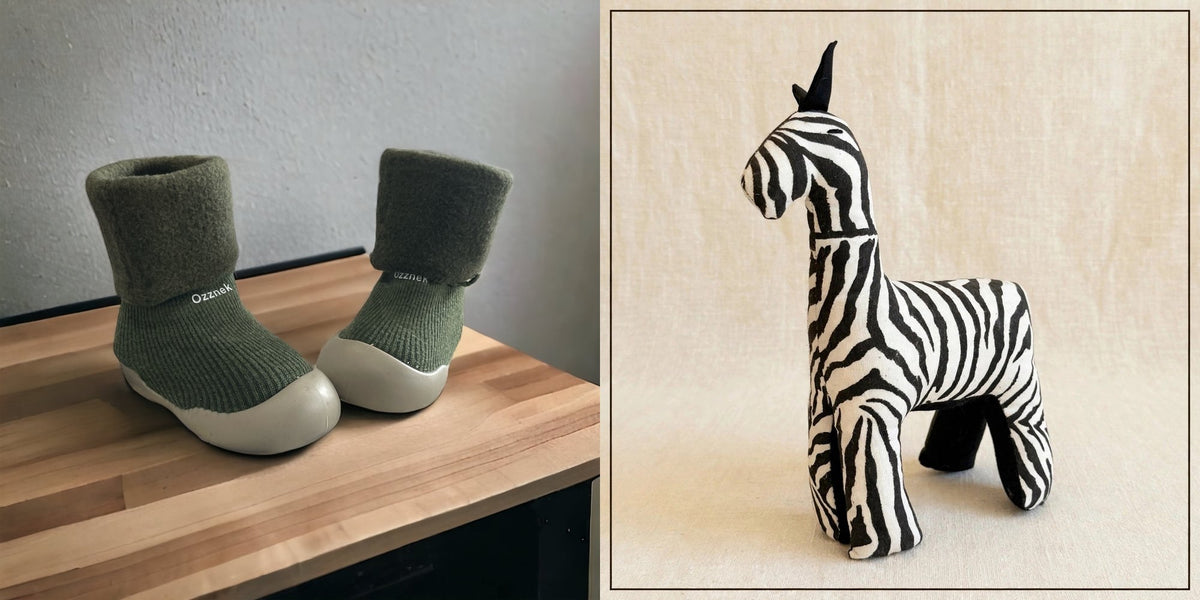 Sock shoes and safari friend gift set - Green sock shoes with the Zebra plush