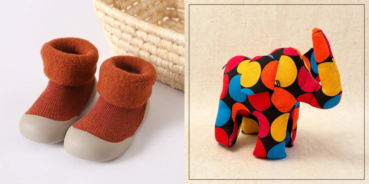 Sock shoes and safari friend gift set - Rust sock shoes with the Elephant plush