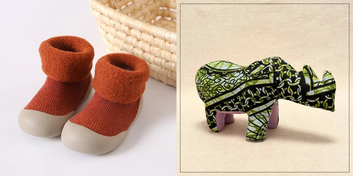 Sock shoes and safari friend gift set - Rust sock shoes with the Rhino plush