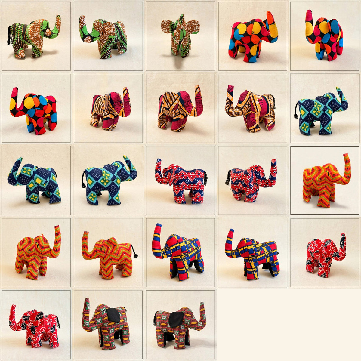 Handmade kente fabric safari plush animals from Zanzibar - the full family of one-of-a-kind designs