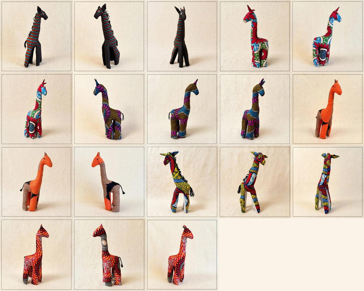 Handmade kente fabric safari plush animals from Zanzibar - the full family of one-of-a-kind designs