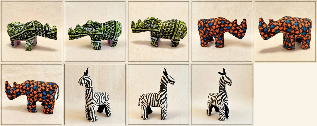 Handmade kente fabric safari plush animals from Zanzibar - the full family of one-of-a-kind designs