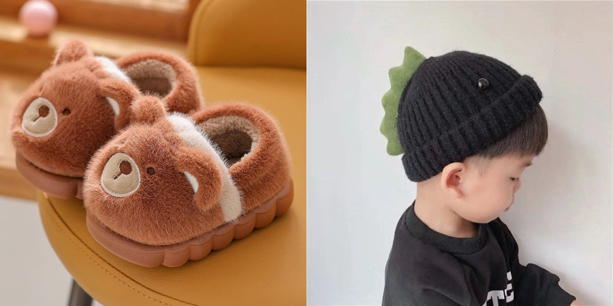 Fuzzy animal slippers with dinosaur beanie hat gift set