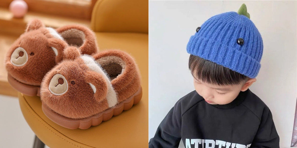 Fuzzy animal slippers with dinosaur beanie hat gift set