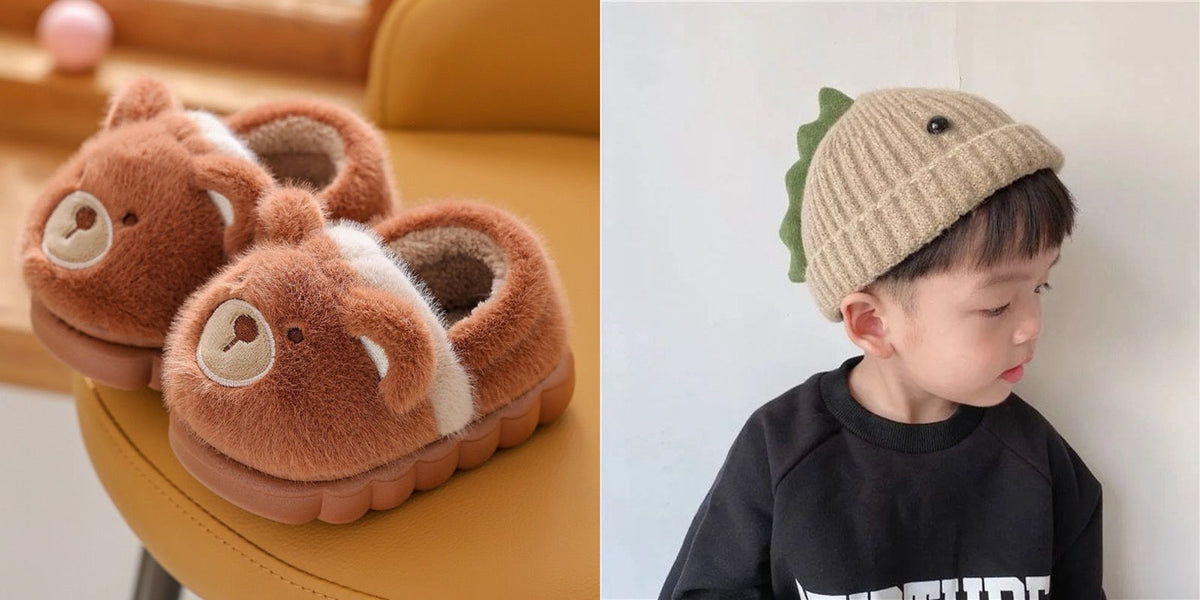 Fuzzy animal slippers with dinosaur beanie hat gift set