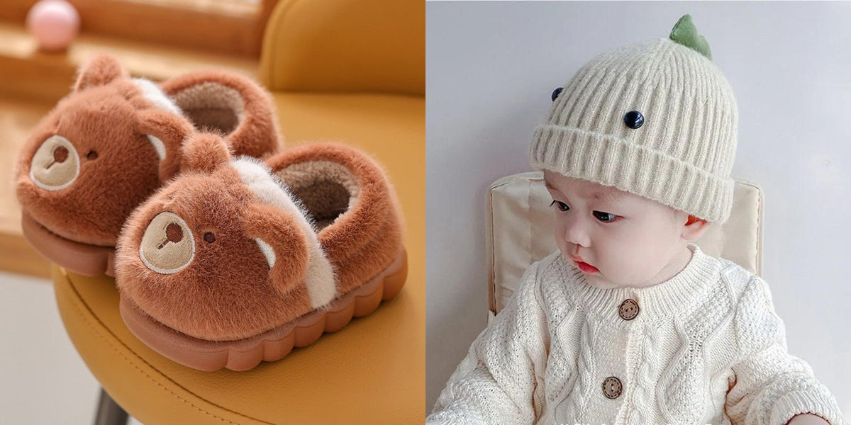 Fuzzy animal slippers with dinosaur beanie hat gift set