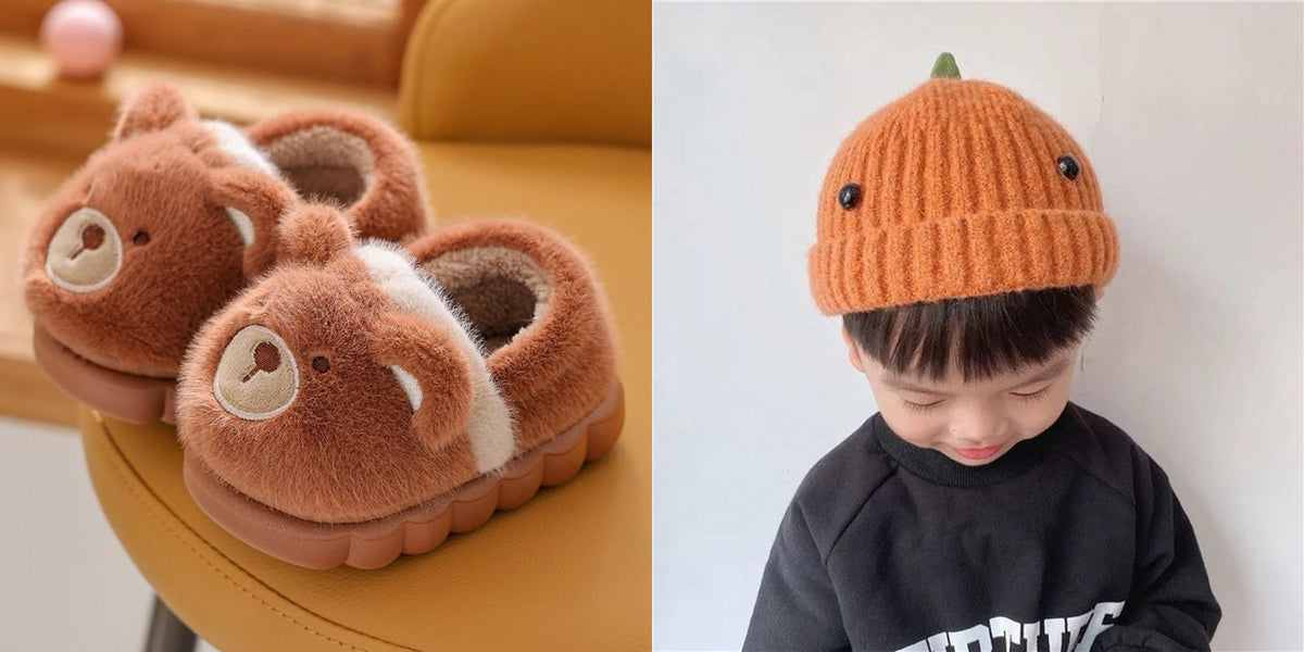 Fuzzy animal slippers with dinosaur beanie hat gift set