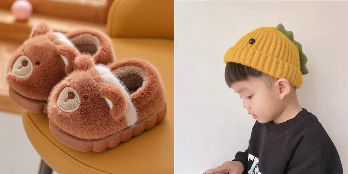 Fuzzy animal slippers with dinosaur beanie hat gift set